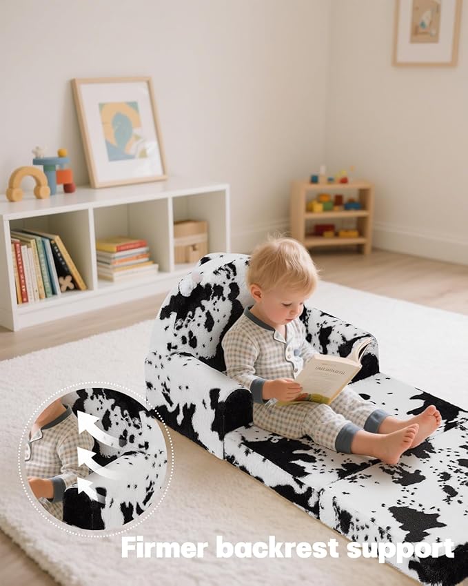 2-in-1 Toddler Chair and Couch – Soft Faux Rabbit Fur, Cow Pattern Design, Fold Out Seat for Reading & Nap, Ages 1–3-NeatNest