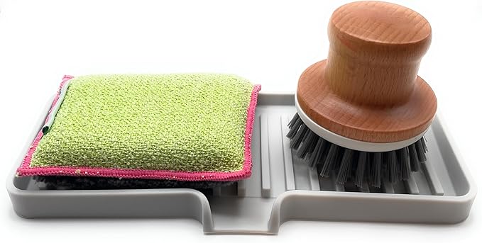 Happitasa Silicone Soap Dish Tray and Sponge Holder with Drain Chute | Bathroom and Kitchen Sink Organizer Caddy (Light Grey, 9"x3.5", 5.6 Ounces)-NeatNest