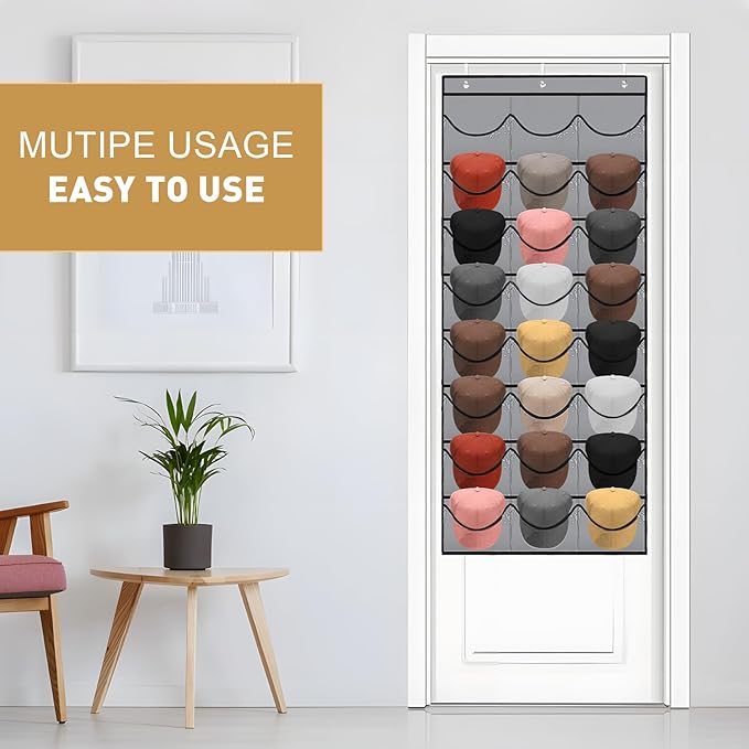 Hat Rack for Baseball Caps, 24 Pocket Over The Door Hat Organizer Storage, Hat Holder for Door with 3 Hooks, Grey - 1 Pack-NeatNest
