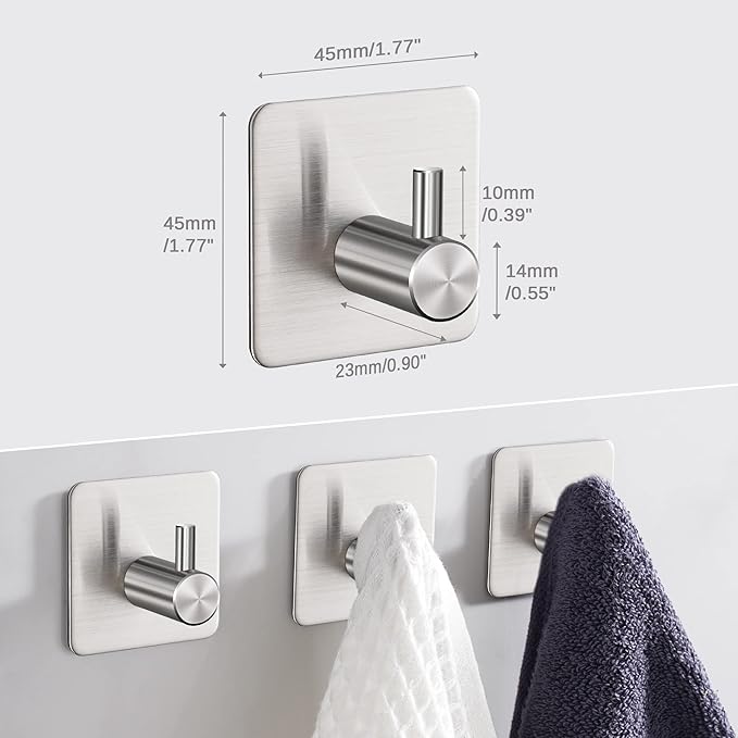 4 Pack Adhesive Stainless Steel Wall Hooks - Heavy Duty, Waterproof, Towel & Robe Hooks