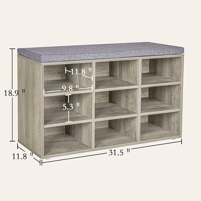 DINZI LVJ Shoe Bench, 9 Cubbies Shoe Organizer for Entryway, Storage Bench with Cushion, Cubby Shoe Rack with Adjustable Shelves for Living Room, Bedroom, Mudroom, Hallway, Gray Wash-NeatNest