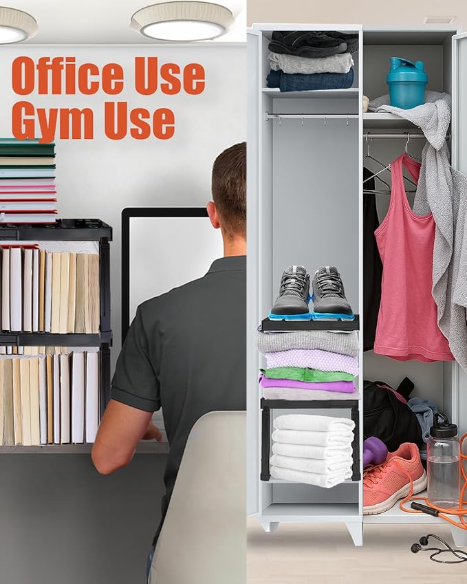 Adjustable Lokcer/Cabinet Organizer Shelf， Adjustable Width and Height, Ideal Locker for School, Office, and Gym Lockers… (Black 2 Pack New Version)