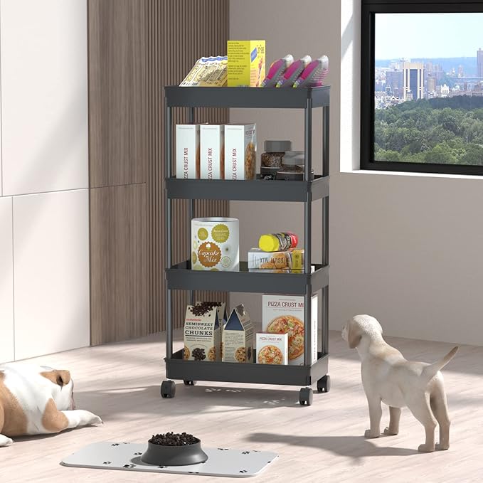 Sooyee 4 Tier Wide Storage Cart Mobile Shelving Unit Organizer Slide Out Storage Rolling Utility Cart Tower Rack for Kitchen Bathroom Laundry, Plastic & Stainless Steel,Black