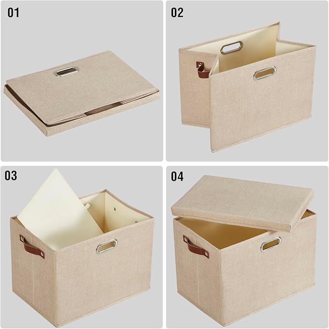 17" Large Collapsible Storage Bins with Lids, Stackable Closet Organizers with PU Handle and Labels, 3-Pack Decorative Fabric Storage Boxes for Home, Bedroom, Closet, Office, Nursery(Khaki)-NeatNest