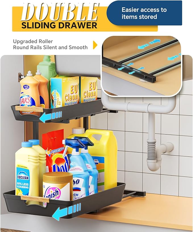Under Sink Organizer, 2 Tier Adjustable Height Under Sink Organizers and Storage, L-Shaped Slide Out Pull Out Cabinet Organizers for Bathroom Kitchen Pantry (2 Pack, Black)-NeatNest