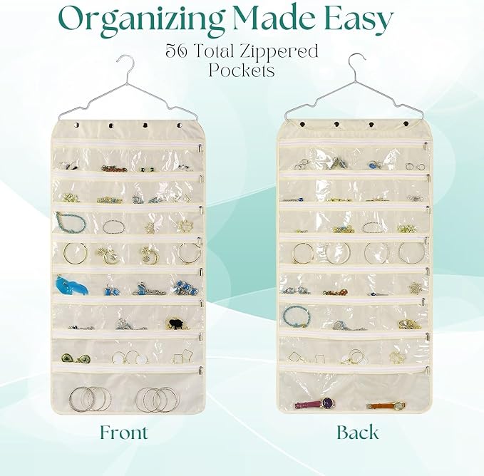 Flexzion Hanging Jewelry Organizer with Zippered Pockets - (1 Pack) Beige Closet Jewelry Organizer Storage with Hanger, 56 Pockets Dual Sided Earring Organizer Hanging for Bracelet, Watches, Ring-NeatNest