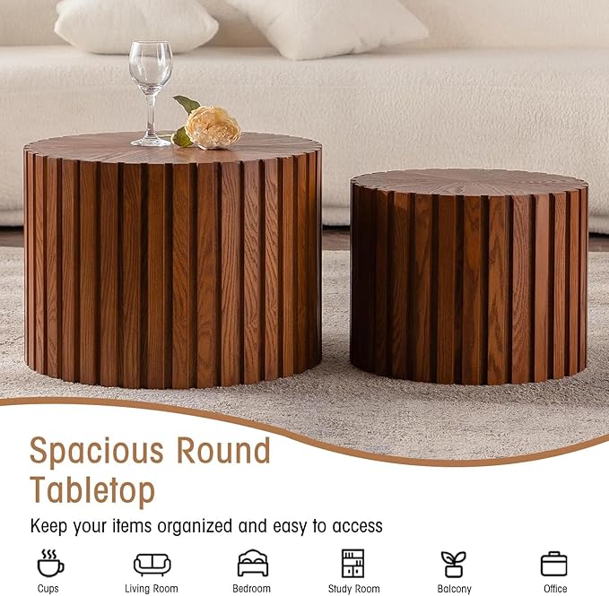 Round Coffee Table Set of 2, Nesting Coffee Table and End Table Set Small Circle Drum Side Table for Living Room Office, No Assembly (C Walnut Small)