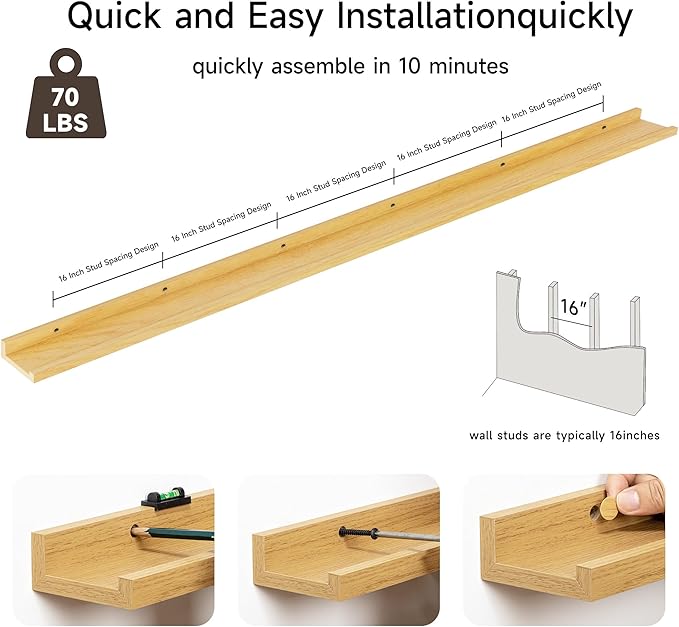 Floating Picture Ledge Shelves for Wall Set of 2, 95 Inches Picture Ledge Shelf with Long Large Nursery Book Shelf for Toys Storage Kids Bookshelf Wall Mounted Living Room Bedroom Decor Frames, Oak-NeatNest