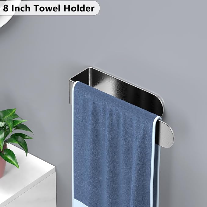 HUFEEOH Adhesive Hand Towel Holder, 8 Inch Sticky Towel Bar and 14 Inch Towel Holder Wall Mounted, Stainless Steel Kitchen Towel Holder Hand Towel Rack for Bahtroom Hotel RV Kitchen (Silver-8"&14”)