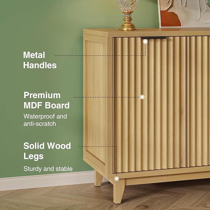 Fluted Cabinet with Storage, 2 Doors Sideboard Buffet, Mid Century Modern Accent Cabinet with Adjustable Shelves, Multifunctional Console Table with Storage for Living Room, Kitchen, Entryway