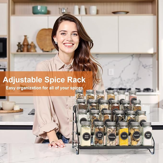 4 Tier Spice Rack Organizer for Cabinet, Step Adjustable Spice Shelf Seasoning Organizer with Non Slip Tiers, Expandable Metal Spice Rack for Kitchen Countertop, Pantry, Cupboard – Black-NeatNest