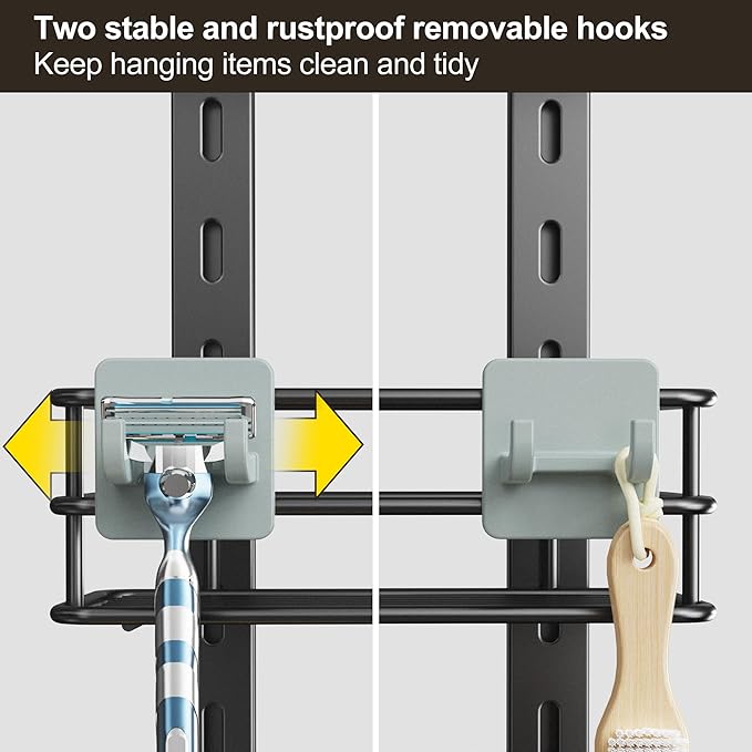 Orimade Adjustable Anti-slip Shower Caddy over Head, Rustproof Bathroom Hanging Organizer with 2 Hooks for Razor, No Drill Shower Shelves Storage Rack 2 Tier, Grey