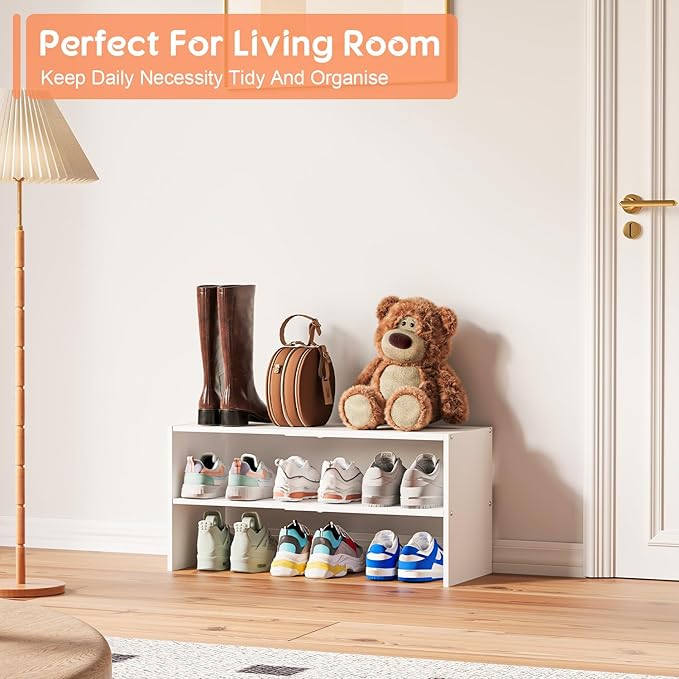 2-Tier Expandable White Shoe Rack Organizer for Closet, Stackable Shoe Rack Storage Shelf, Small Iron Wood Combination Shoe Shelves for Closets,Entryway,Front Door, Narrow Space,Hallway,6-12 Pairs-NeatNest