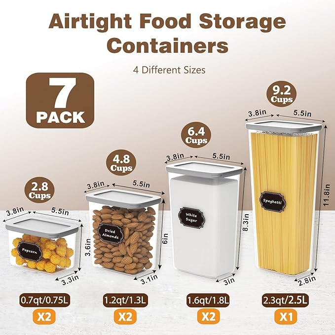 Airtight Food Storage Containers With Lids 7pcs Organization Canisters Kitchen Bpa Free Plastic Pantry Containers Storage Set for Pasta, Cereal, Dry Food, Flour and Sugar-60 Labels