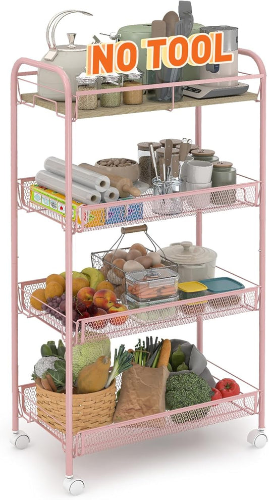 Sekey 4 Tier Rolling Cart Metal, Snap-Together Utility Cart on Wheels, Heavy Duty Storage Cart with Universal Wheels for Baby Nursery, Bathroom, Kitchen, Laundry Room, Pink