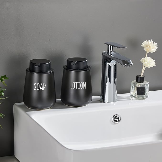 12Oz Black Soap Dispenser Set - Ceramic Lotion Hand Soap Dispenser Set with Easy-to-Press Black Pump, Refillable Mordern Liquid Dish Soap Dispensers for Bathroom & Kitchen, 2 Pack-NeatNest