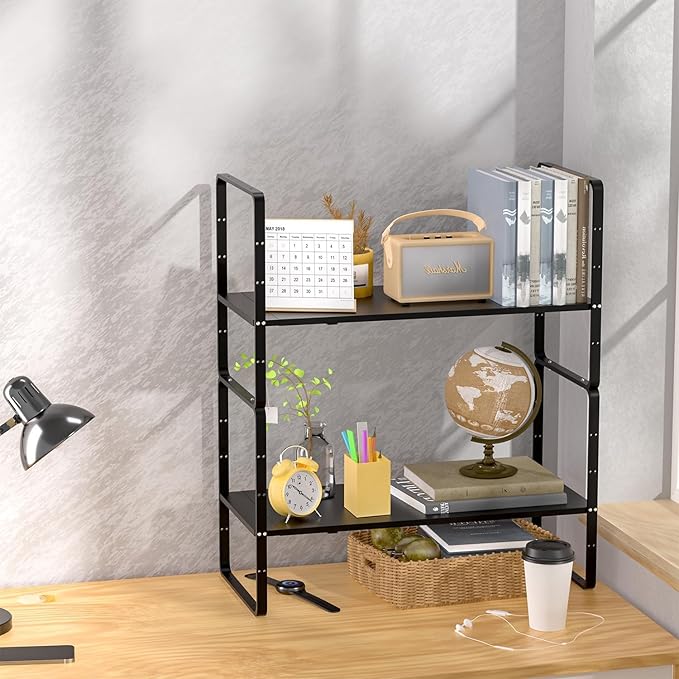 Redrubbit Expandable Cabinet Shelf Organizers, Stackable Kitchen Counter Shelves Spice Rack for Kitchen Bathroom Pantry Cupboard Desk Home Office, Black-Large