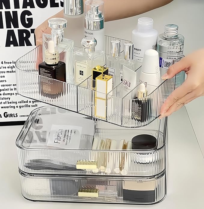 Clear Makeup Organizer for Vanity, Large Desk Organizer with Stackable Drawers for Cosmetics, Skincare, Lipsticks, Eyeshadow Palette, Nail Care, Ideal Storage for Dresser and Bathroom Countertop