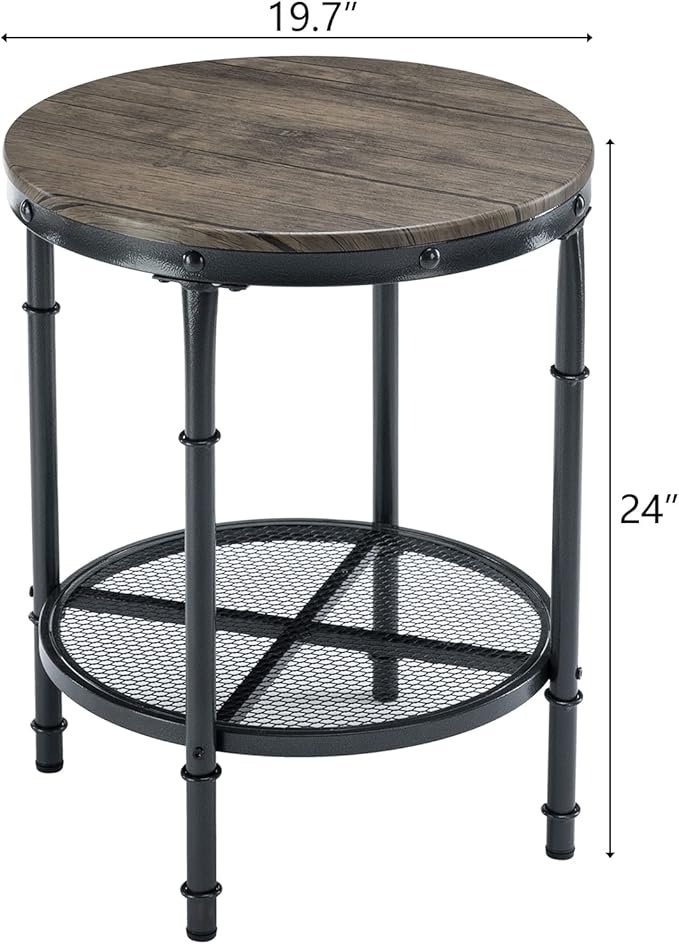 VINGLI 20" Side Table, Round End Tables Living Room, Industrial Small End Table with Metal Mesh, Rustic Farmhouse Side Tables for Bedroom, Office, Corner, Walnut