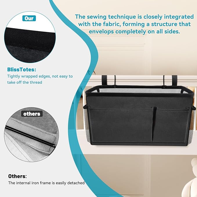 BlissTotes Bedside Caddy, Bedside Storage Organizer for Bunk Bed Accessories, Dorm Storage for Bedside Shelf and Bunk Bed Shelf, Bed Caddy for Home, Dorm, Bunk (Dark Gray, 2 Pack)-NeatNest