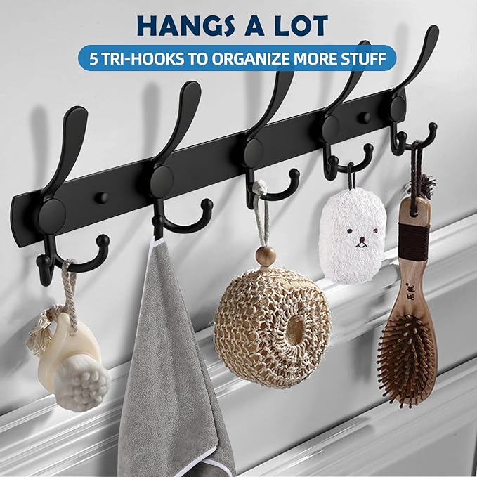 2 Pack 5 Tri-Hooks Coat Rack Wall Mounted - Thickened 304 Stainless Steel Coat Hooks, 16 Inches Heavy Duty Coat Rack Wall Mount, Anti-Sliding Towel Hooks, Holding up to 44 lbs, Matte Black