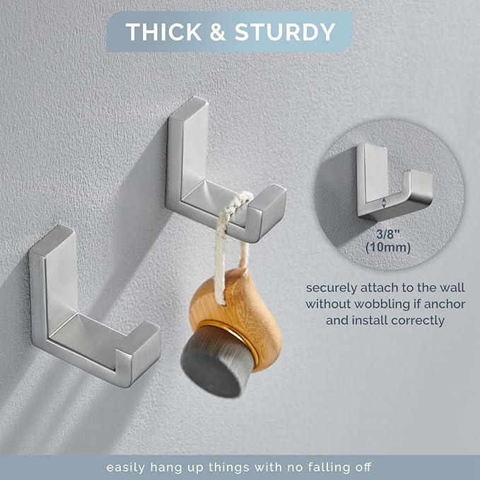Angle Simple Bathroom Towel Hooks, SUS 304 Stainless Steel Compact Robe Coat Hooks for Wall, Brushed Nickel, 2 Pack