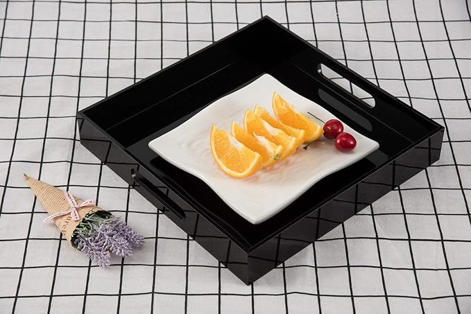 Glossy Black Sturdy Acrylic Serving Tray with Handles - 12x12 Inch Multipurpose Tray for Coffee, Appetizers, Breakfast, and More-NeatNest