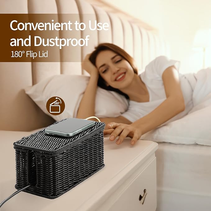Delamu Handmade Rattan Cable Management Box, Cord Organizer with 2 Open Slots, Desk Cord Hider Box for Computer Router USB Hub Power Strip, 12.5" Lx 5.1" Wx 5.1" H, Black