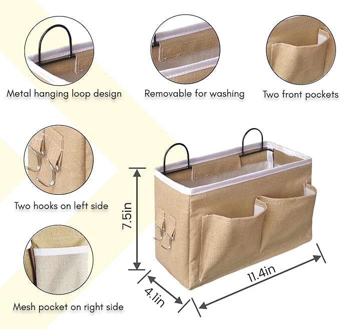 2pcs Middle Wall Hanging Organizer Bag, Linen Fabric Door Hanging Storage Basket with Pockets, Waterproof Bin for Kitchen, Bedroom, Office, RV Camper (Khaki)-NeatNest