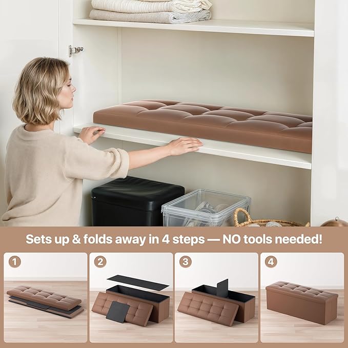 Ottoman Folding Storage Bench, 43x15x15 Inch, Foot Rest Stool for Living Room, Bedroom, Entryway, End of Bed - Multi-Functional Ottoman with Storage Brown