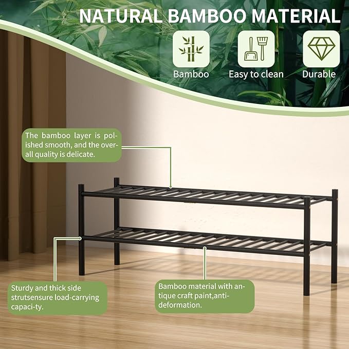 2-Tier Bamboo Long Shoe Rack, Free Standing Wood Shoe Shelf Storage Organizer for Closet Entryway Stackable 35"x11"x13" (Black)-NeatNest