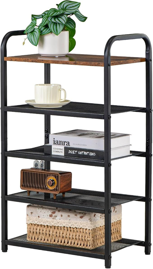 5-Tier Shoe Rack, with Heavy-Duty Metal Grid, Rustic Wooden Top, & Metal Guardrails - Transform Your Space with Style and Functionality Living Room, Kitchen, Bedroom, Garage, & Bathroom-NeatNest
