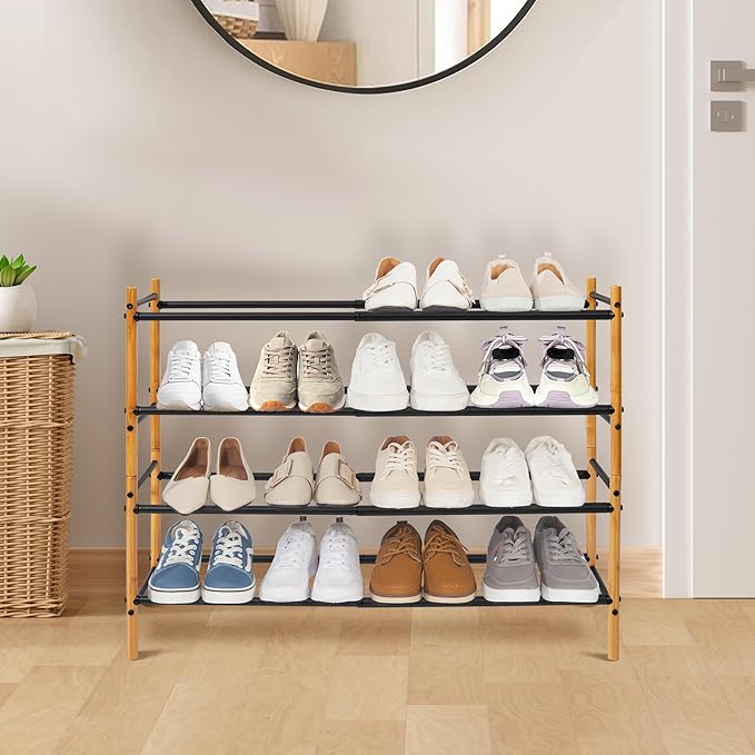 STORAGE MANIAC Expandable Shoe Rack, 12 Pairs Stackable Small Shoe Rack, Metal Adjustable Shoes Organizer for Closet, Entryway, Hallway, Garage, Front Door, Shoes Shelves, Bamboo 3 Tier-NeatNest