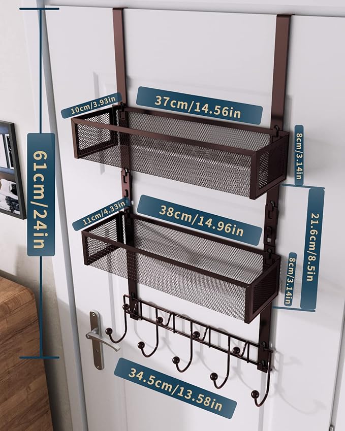 Consumest Over The Door Hooks Organizer - Extra Long Door Hanger with 9 Coat Hooks & 2 Mesh Basket, Back Storage Organizer Hanging Towels for Bathroom, Bedroom, Bronze (for 1.76in Doors)