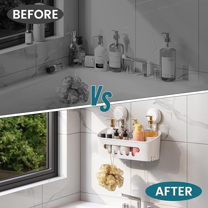 TAILI Shower Caddy Suction Cup, Heavy Duty Bathroom Organizer, Removable Shelves for Inside Shower, Shampoo, Waterproof Suction Plastic Storage for Bathroom Accessories Holder, White