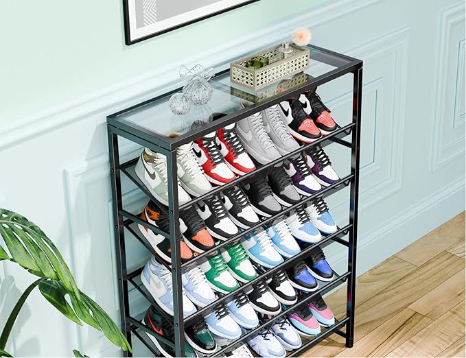Simple Trending Shoe Rack, 6 Tier Shoe Organizer Holds 25 Pairs, Metal Shoe Storage with Adjustable Shelves, Tempered Glass, Black-NeatNest