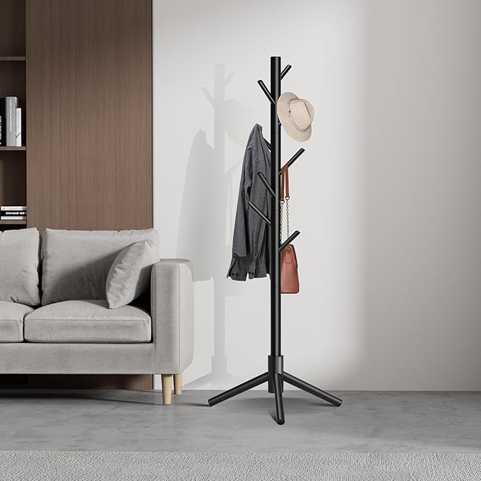 Wooden Coat Rack, Free Standing Coat Rack with 8 Hooks 3 Adjustable Heights for Clothes, Hats, Handbags, Coat Tree Easy Assembly for Entryway, Bedroom, Hallway, Office (New Black)-NeatNest