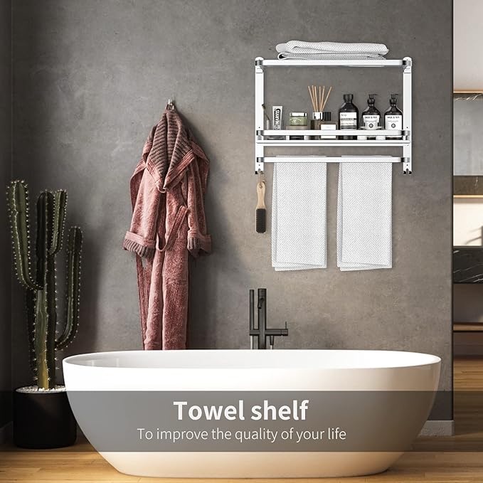 22.8Inch Towel Rack for Bathroom and Lavatory Towel Hanger with Wall Mount Towel Bars 304 Stainless Steel No Drill (Collapsible Towel Rack with Bathroom Organize Shower Shelves)