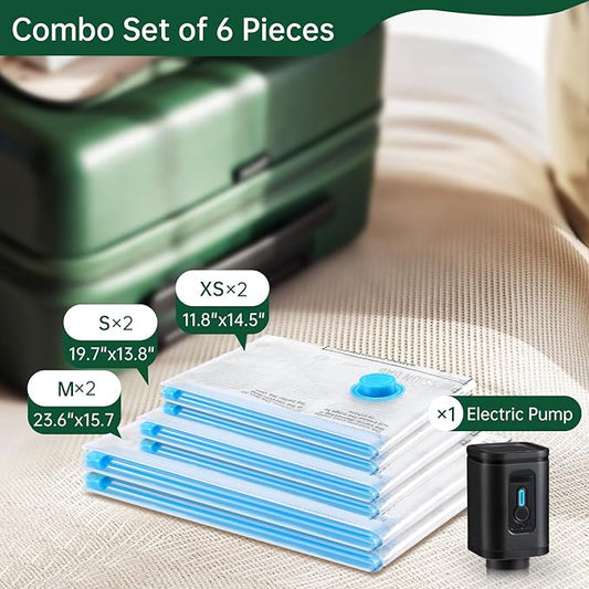 BRODI 6 Combo Pack Travel Vacuum Bags with Pump - Space Saver & Travel Essentials, Clothing & Luggage Vacuum Seal Bags-NeatNest