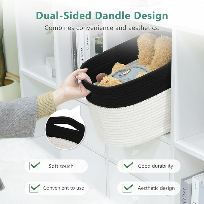 Cotton Rope Storage Basket, 15x10x9 Inches, Woven Basket for Shelves, Clothes, Toys, Towels, Books, and Laundry, Durable and Stylish, Black/ White (1 Pack)-NeatNest