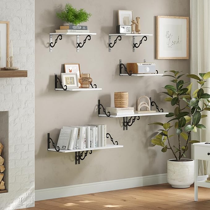 DINZI LVJ Deep Floating Shelves, 16" W x 12" D Wall Shelves Set of 2, Wide Display Shelf Wall Mounted with Brackets, Easy-to-Install Wall Bookshelf for Living Room, Bathroom, Bedroom, White-NeatNest