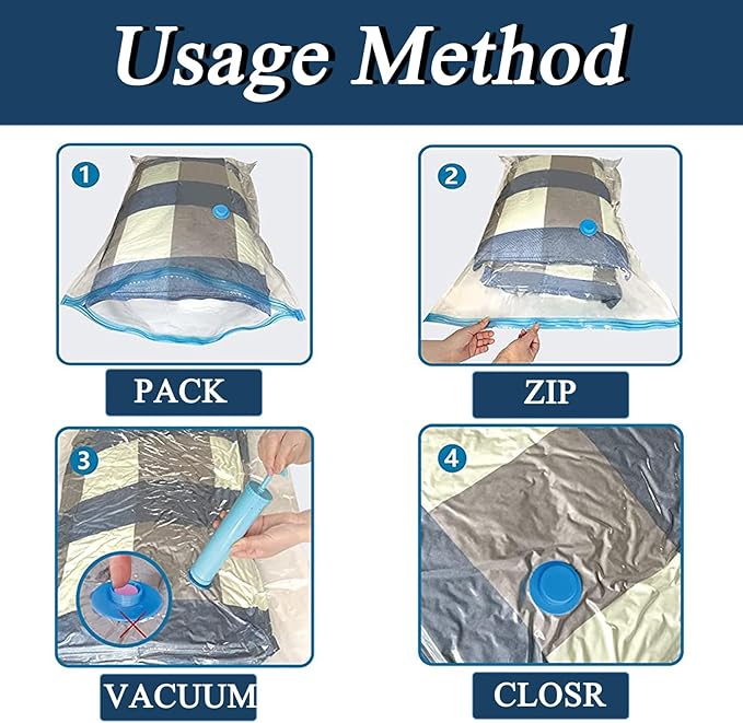 8 Pack Vacuum Storage Bags, Space Saver Bags (8Jumbo/1Hand pump） Compressed storage bags for clothing, comfort items, and blankets-NeatNest