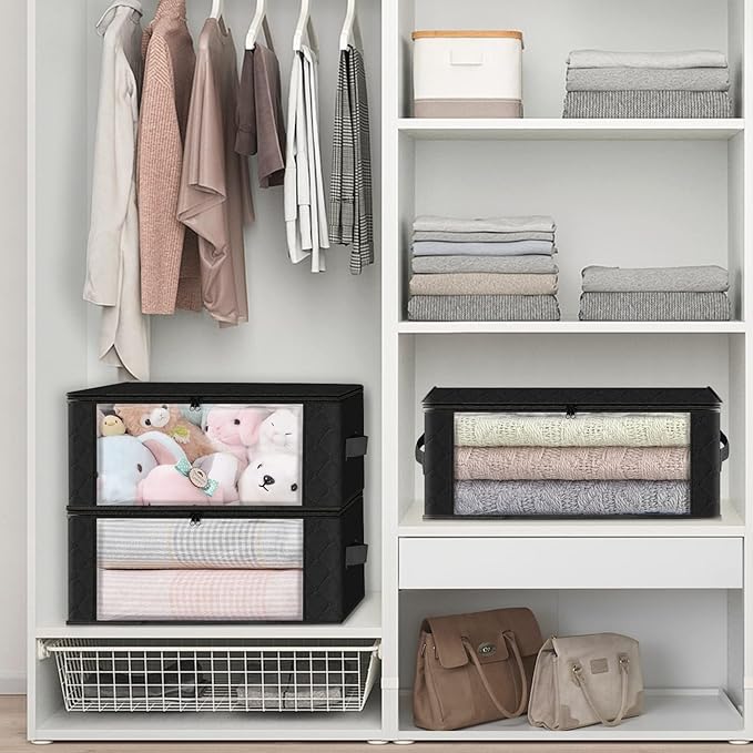 HomeHacks Storage 8-Pack Clothes Organizer Storage Bags Foldable Storage Box with Large Clear Window Sturdy Handles for Closet, Dorm, Pillows, Bedding, Clothes, Blankets, 35L, Black-NeatNest