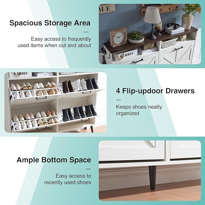 Shoe Storage Cabinet,Farmhouse Shoe Organizer with 4 Flip Drawers & Barn Door Design,Freestanding Hidden Slim Narrow Shoe Rack with Open Shelves for Entryway,Foyer,Hallway,Antique White-NeatNest