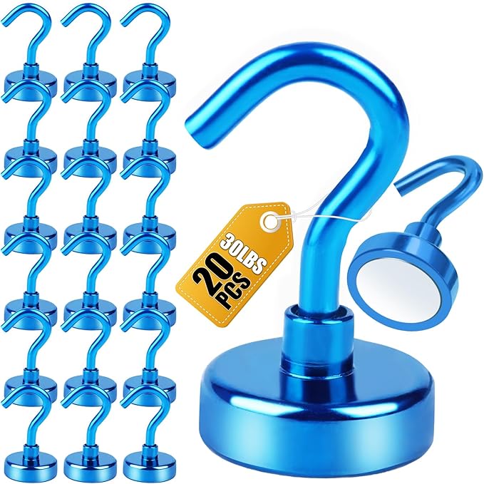 DIYMAG Magnetic Hooks, 30Lbs Strong Heavy Duty Cruise Magnet S-Hooks for Classroom, Fridge, Hanging, Cabins, Grill, Kitchen, Garage, Workplace and Office etc, (20 Pack-Blue)-NeatNest