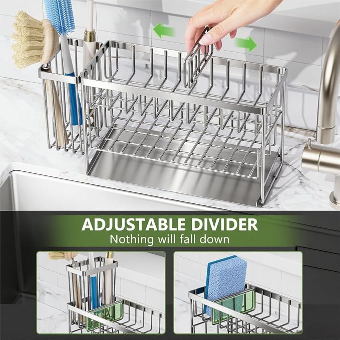 Cisily Silver 2-Tier Kitchen Sink Caddy Organzier Rack with Flexible Dish Brush Holder, Sponge Holder for Kitchen Sink Countertop Organization Storage,Home Decor Stainless Steel-NeatNest