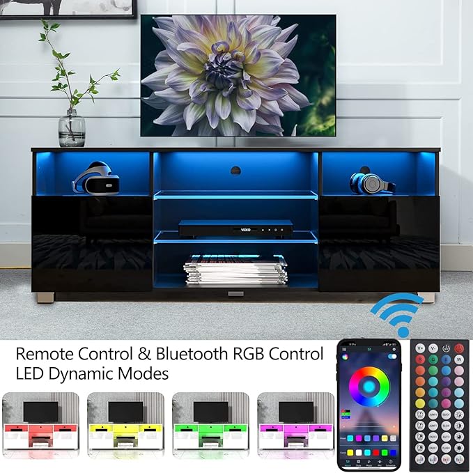 High Glossy LED Black TV Stand for 55/60/65 inch TV,Modern LED Entertainment Center with Adjustable Storage Shelves,Game Console Entertainment Center,TV Table Media Furniture (57inch, Black)-NeatNest