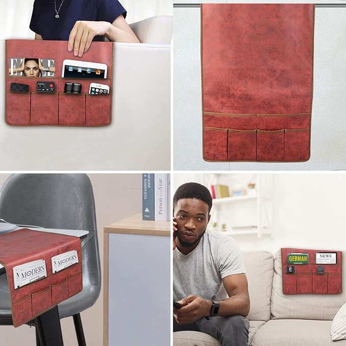 HAOMAIJIA Anti Slip Sofa Armrest Organizer Arm Chair Bedside Caddy Storage Organizer For Recliner Couch With 6 Pockets For Cell Phone Tv Remote Control Magazines (red)-NeatNest