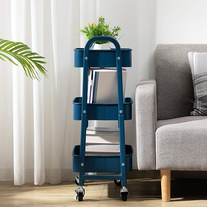 AGTEK Makeup Cart, Movable Rolling Organizer Cart, 3 Tier Metal Utility Cart,Navy Blue-NeatNest