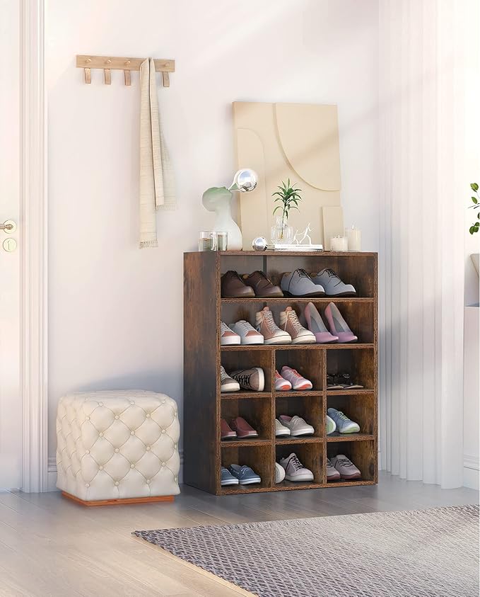 HAIOOU Shoe Cubby, 9-Cube Stackable Wood Shoe Rack Organizer 5-Tier Freestanding Wooden Shoe Stand with 2 Storage Shelf for 10-15 Pairs, Ideal for Apartment Entryway Closet Organization - Rustic-NeatNest